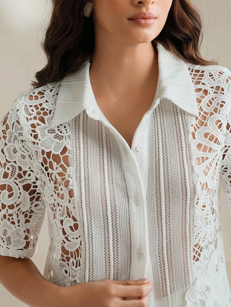 Anewsta Women Lace Hollow Out Collar Short Sleeve Blouse