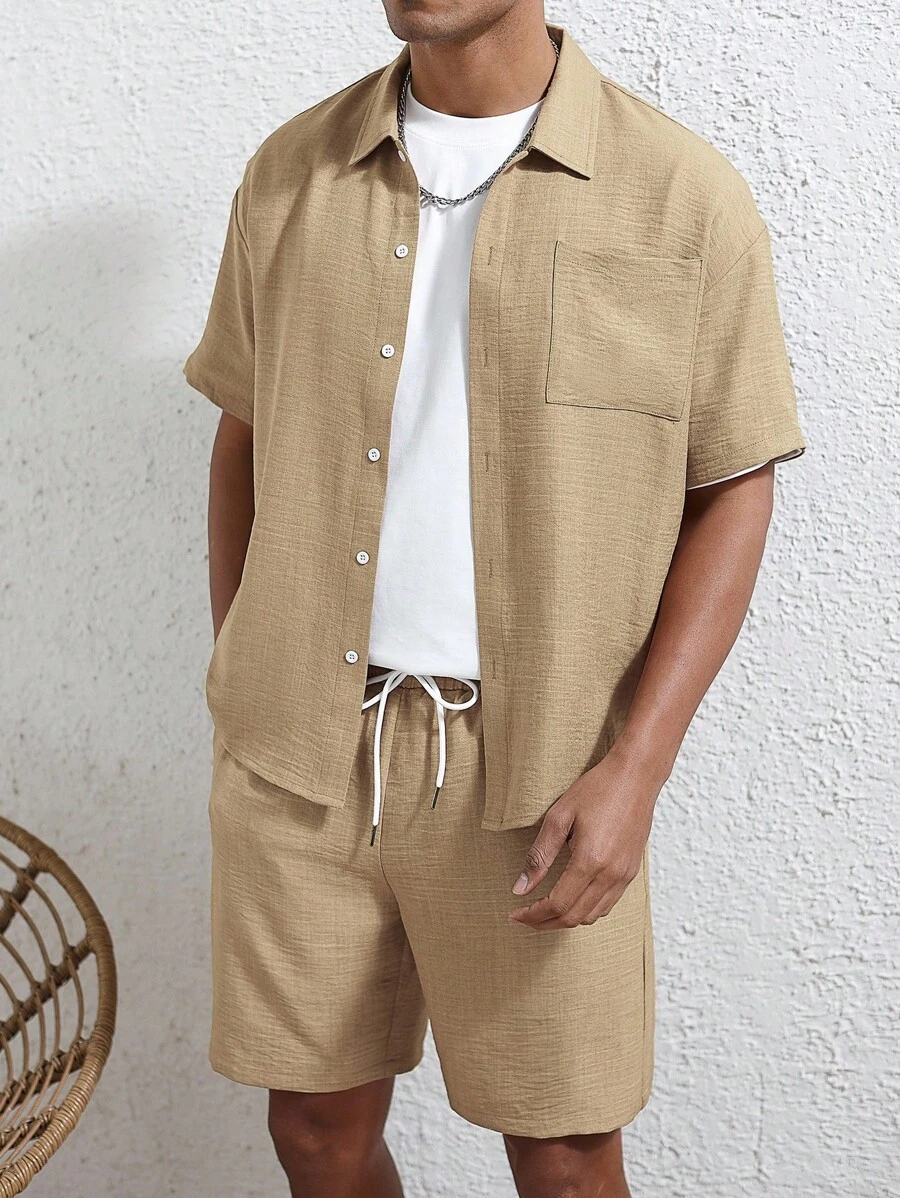 Manfinity Homme 男士纯色短袖单排扣衬衫和短裤套装 - 杏色 - 查看 1