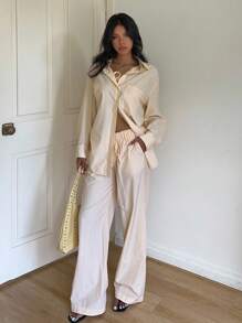 SHEIN EZwear قميص كاجوال طويل الأكمام للنساء بجيب أمامي وطباعة مخططة - أصفر - مشاهدة 8