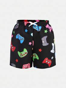 SHEIN Tween Boys' Casual Vacation Style Printed Pattern Loose Woven Lined Mixed Solid Knit Swim Trunks Boys Swim Trunks Boys Swim Shorts Video Game Swim Trunks Gamer Swim Trunks Tween Swim Trunks - Hot Pink - View 5