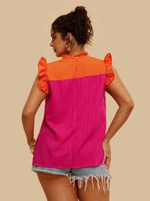 SHEIN VCAY Plus Size Boho Two Tone Ruffle Trim Frill Neck Blouse, For Summer - Multicolor - View 2