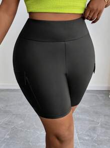 SHEIN PETITE CURVE Pantalones informales de calle, con bolsillos tridimensionales, cintura ancha, ajuste ceñido, pantalones de ciclismo, shorts elásticos de cuero tejido para mujeres, para el verano, adecuados para personas de estatura talla grande baja - Negro - Ver 5