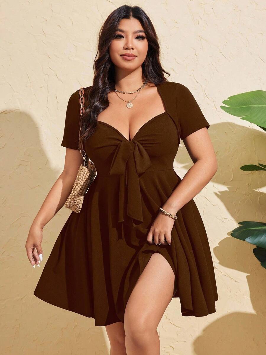 Vionelle Plus Size Women Summer Sexy Front Tie Short Sleeve Fitted Dress - Brown - View 1