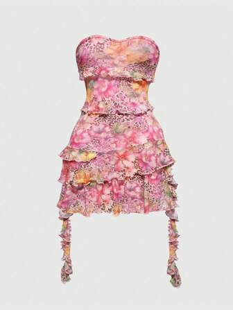 ROMWE Avant Robe mini à col montant avec imprimé léopard et floral, ornée de franges, style rétro Y2K pour vacances à la plage pour femmes