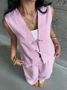 Coolane Kids Teen Girls Spring/Summer Striped Light Blue Fitted Sets,Two Pieces Outfits,Parent-Child Clothing - Pink - View 3