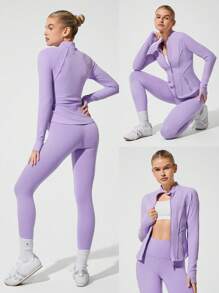 GLOWMODE FeatherFit™ Sculpt It 吸汗弹力紧身胸衣接缝塑形修身夹克带拇指孔拉链保护低冲击瑜伽普拉提 Barre Studio 日常休闲服 - 紫丁香色 - 查看 8