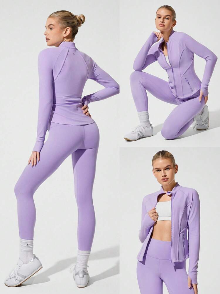 FeatherFit™ Sculpt It Jaqueta com Costuras de Corselet Que Absorve a Transpiração, Elástica, com Ajuste Slim e Dedeiras, Proteção de Zíper, Adequada para Yoga de Baixo Impacto, Pilates, Barre e Uso Casual Diário