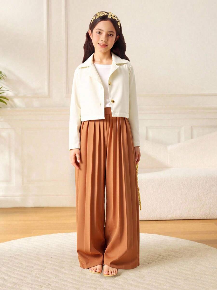 2pcs/Set Tween Girl Short Suit Jacket And Wide Leg Pleated Jumpsuit - Apricot - View 1