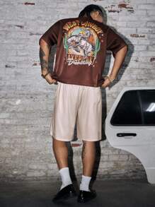 AXEPEAK 休闲圆领短袖短款T恤和抽绳斜口袋短裤套装，男士T恤套装 - 棕色 - 查看 2