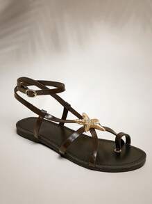 SHUZIA Sandali piatti da donna comodi per tutti i giorni estivi, carini per vacanze e momenti casual, con decorazione a stella marina color oro