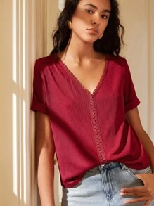 Écloséra Elegant French Retro Women's T-Shirt Retro V-Neck Lace Stitching Summer Wear Spring And Summer Women's T-Shirt Vintage Going Out Tops Women - Burgundy - View 1