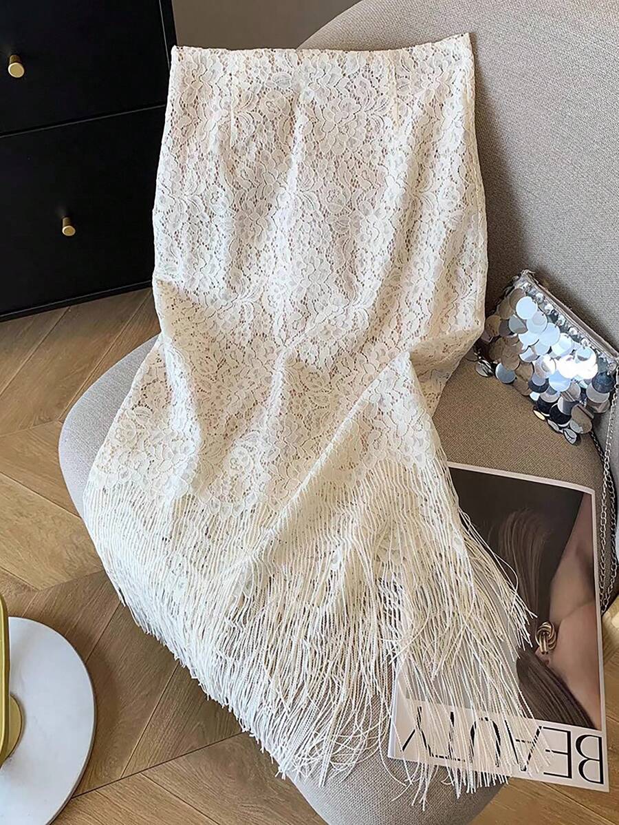 EMERY ROSE 女士优雅流苏下摆蕾丝裙 - 杏色 - 查看 1