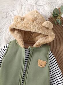 SHEIN Vintaside Kids 3 件套男婴条纹图案圆领长袖保暖内衣，纯色熊图案拉链连帽背心夹克和纯色熊图案无腰带裤子，适合室内和室外穿着 - 綠色 - 查看 5