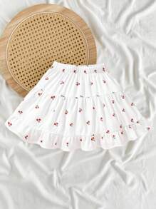 SHEIN Vintaside Kids 年轻女孩可爱优雅樱桃碎花松紧腰荷叶边下摆 A 字裙，适合日常户外穿着幼儿优雅