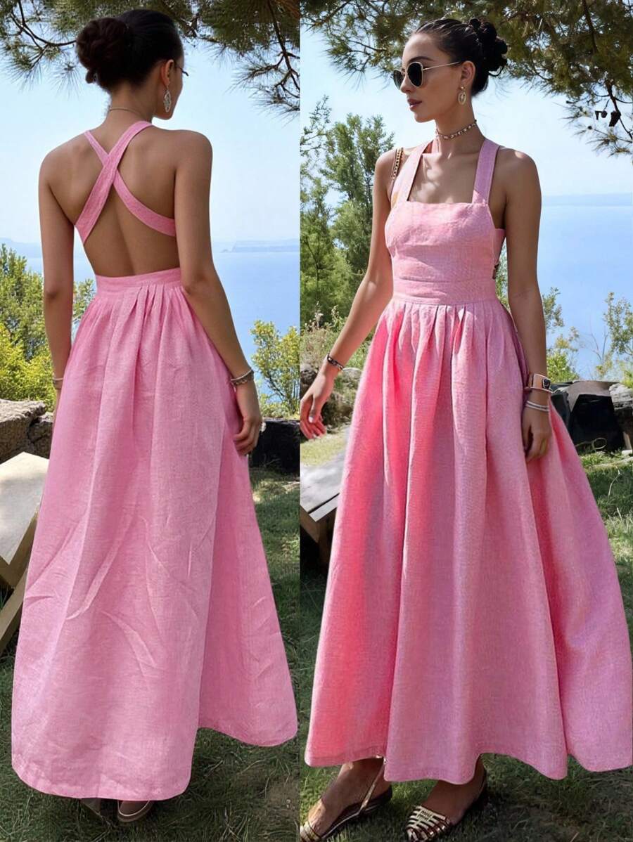 SHEIN 女士纯色露背无袖方领夏季优雅连衣裙 - 西瓜粉 - 查看 1