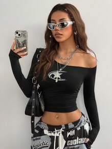 Coolane 复古星形图案露肩紧身休闲长袖女式 T 恤 - 黑色 - 查看 1