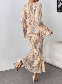 Selianne Women Tie-Dye Pleated Satin Mermaid Hem Fitted Midi Dress, Apricot Maxi Women Outfit Fall Cloth For Women - Khaki - View 2