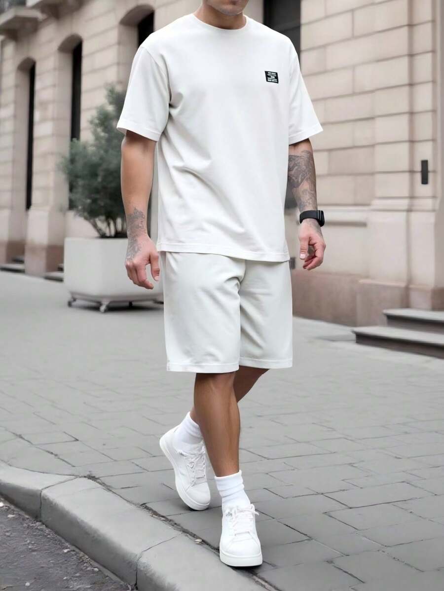 SHEIN 2件套纹理华夫格面料青少年短袖上衣和短裤套装 - 白色 - 查看 1