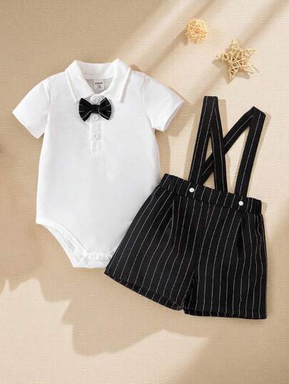 Souflis Souflis 2pcs Baby Boy Gentleman Outfit, Includes Collared Jumpsuit With Bowtie And Adjustable Suspender Shorts, Suitable For Occasions, Parties, Formal Events, Weddings, Christenings, Ceremonies And Birthday Celebrations, For Infants 1 Month To 2 Years Old, Baby Bodysuit,1st Birthday Outfit,Photoshoot Outfit, Summer,Kid Clothes,Toddler Clothes, Baby Western, Baby Outfit,Birthday Outfit,Baptism Outfit,Christening Plain Gentleman Outfit Toddler Boys Beige Wedding Outfit Baby Boy Gentleman Suit