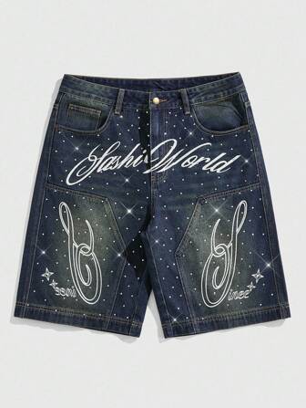 Street Life Shorts vaqueros con estampado de letras con rhinestones para hombres, aptos para uso casual, primavera/verano