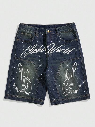 Street Life Short en denim avec impression de lettre strass pour hommes, convient pour le port casual, printemps/été