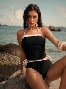 Lumivelle Traje de baño tankini de mujer para verano, playa y vacaciones, con contraste, espalda descubierta, lazo, cordón ajustable y fruncido - Blanco y Negro - Ver 5