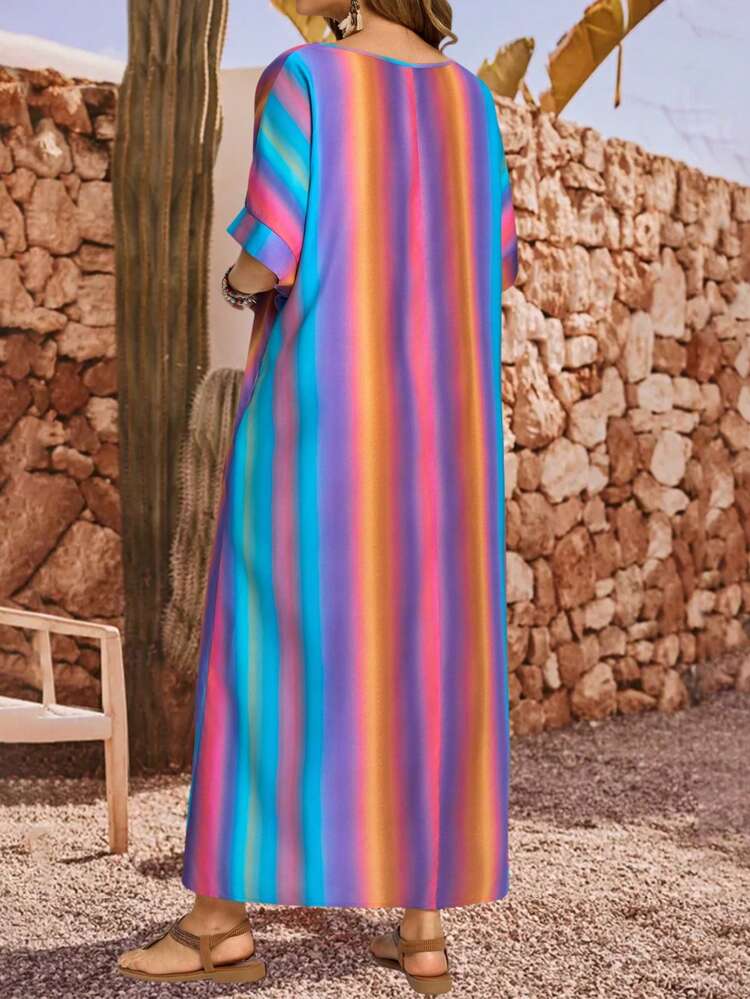Plus Size Color Block Vertical Striped V-Neck Mid-Sleeve Rolled Hem Casual Loose Summer Dress,Summer Outfits For Women,Vacation Outfits  For Women,Holiday Outfits Boho