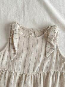 Loomiva Baby Girl Solid Color Round Neck Sleeveless Bodysuit With Bow Decor Baby Bodysuit Baby Summer Bodysuit Striped Baby Bodysuit Linen Baby Bodysuit - Apricot - View 8