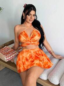 SHEIN SXY 2件套女士吊带比基尼上衣和迷你裙套装 - 橘色 - 查看 7