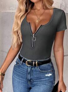 INAWLY 女款夏季純色領扣拉鍊半開襟短袖肋紋休閒T恤