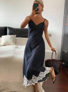 DAZY 撞色蕾丝边收腰吊带连衣裙，休闲夏季度假女士牛仔连衣裙长裙 - 藍色 - 查看 4