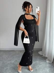 SHEIN Clasi Plus Size Black Beaded Cape Sleeve Dress