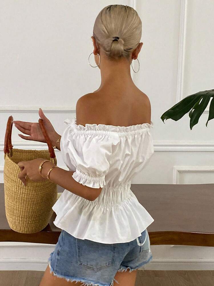 New Autumn Back To School White Off Shoulder Short Sleeve Blouse For Women,Babydoll Top