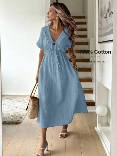 Easowa 杏色蝴蝶结休闲中长连衣裙