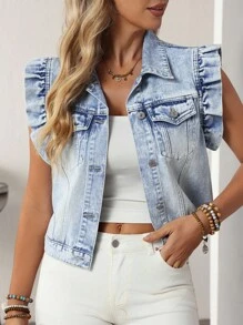 EMERY ROSE Women's Casual Denim Jacket With Ruffle Collar & Front Button, Summer - Blue - View 5