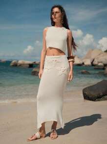 Elaire Conjunto de falda y cubrecuerpo con borde asimétrico de punto con estampado de estrellas, ideal para vacaciones de verano y playa para mujeres - Beis - Ver 3