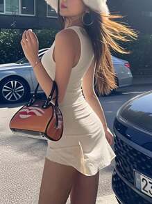 INAWLY Women's Fashion Casual Solid Color Bodycon Jumpsuit, Minimalist Design For Daily Wear & Holiday - Apricot - View 5