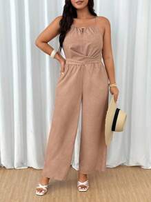 SHEIN PETITE Bộ đồ liền thân ống rộng màu trơn cạp chéo cỡ lớn dành cho nữ - Màu Khaki - Xem 3