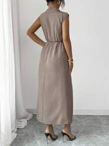 Chiquease Abito elegante da donna, minimalista, colore solido, con vita stretta e senza maniche, adatto per l'uso quotidiano - Caffè Marrone - Visualizzare 2