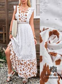 LanaWest New Design Women's V-Neck Embroidered Fabric Ruffle Hem Patchwork Bohemian Elegant Dress - Multicolor - View 1