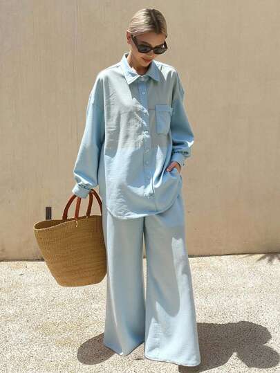 DAZY Ladies' Summer/Spring & Autumn Loose Casual Holiday Solid Color Simple Shirt & Straight Leg Pants 2 Pieces Set,Fall Women Clothes