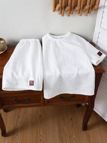 2件套儿童/青少年男童休闲韩版舒适贴布装饰宽松圆领T恤和短裤针织套装