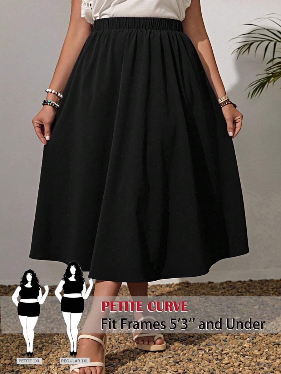 SHEIN PETITE CURVE Váy midi dáng chữ A màu đen trơn, cạp chun, thời trang mùa hè, dễ phối đồ, thích hợp cho nữ, đi biển, nghỉ mát, hoặc người có chiều cao khiêm tốn, dịp Lễ Tình nhân. - màu đen - Xem 1
