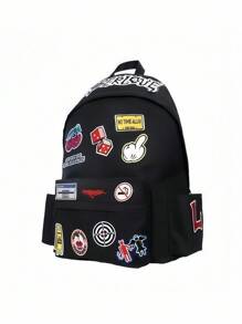 ROMWE Anime Punk Academy Style Graffiti Multi-Patch Letter Cherry Angel Arrow Target Embroidery Thorn Print Strap Backpack, Unisex Large Capacity Commuter Bag, School Backpack