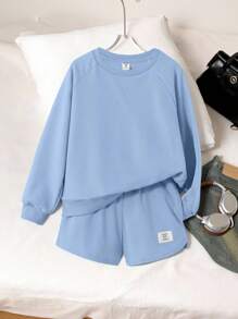 SHEIN Tween Girl Solid Colored Knitted Sweatshirt And Shorts Casual 2-Piece Set
