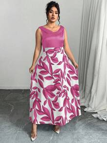 Elenzga Đầm dự tiệc không tay họa tiết cây thanh lịch cỡ lớn cho nữ - Màu Hồng Tươi - Xem 3