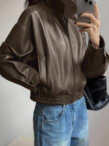 DAZY New Spring Distressed Leather Jacket Short Jacket Women, Regular Fit, Suitable For Valentine's Day Fall,Winter - Brown - View 6