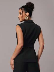 Silquee Chaleco sin mangas de oficina o para ir al trabajo, de unicolor simple, con cuello redondo y cinturón para mujer - Negro - Ver 3