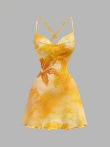 SHEIN SXY 女式花卉印花垂坠领吊带迷你连衣裙，休闲，适合度假、海滩、夏季 - 彩色 - 查看 5