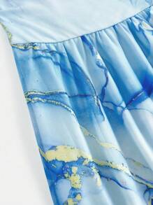 Girlism 少女蓝色针织花卉印花露肩褶皱长裙，优雅复古，返校/派对服装，生日服装，舞会礼服，派对礼服，亮粉色连衣裙，婚纱，夏季连衣裙，夏季修身网眼扎染 - 藍色 - 查看 5